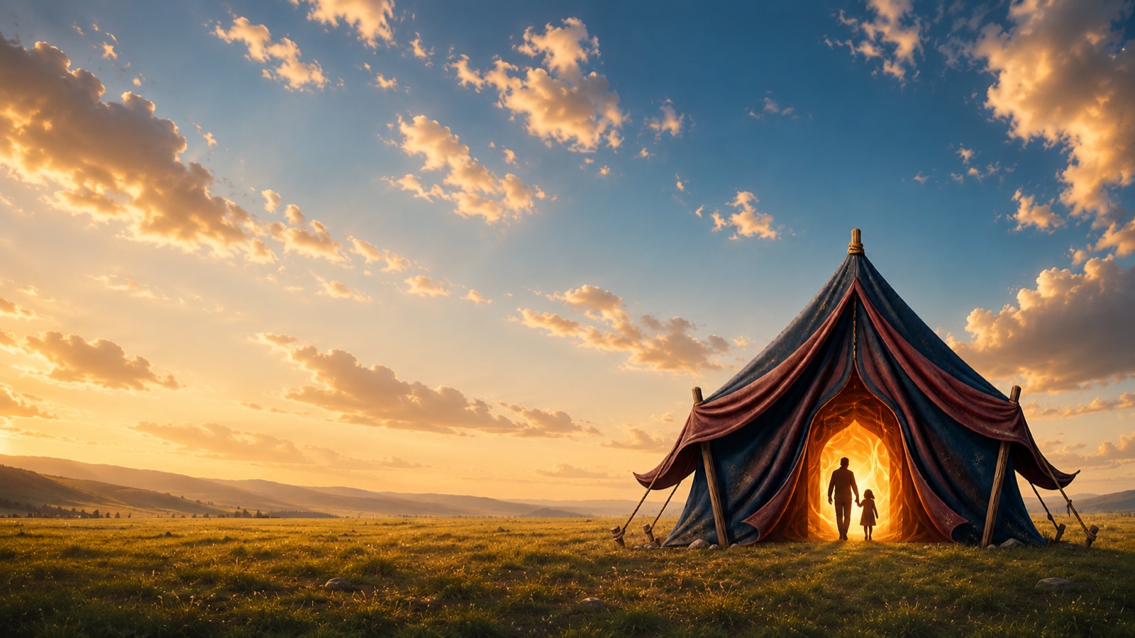 A glowing tent standing in an open field at golden hour, a parent leading a child by the hand into the warm light inside — the covering over a family.